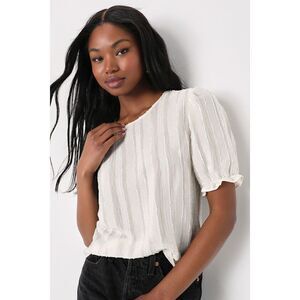 Lulus Charmingly Confident Ivory Burnout Striped Short Sleeve Top White - Size M